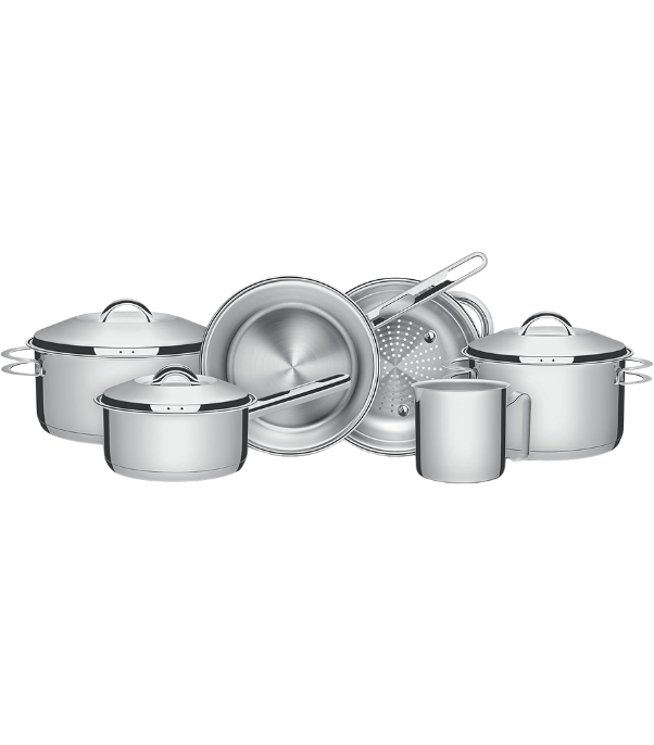 panela-inox-tramontina-solar Jogo de panelas Tramontina Solar com 6 peças em aço inox, fundo triplo, tampas com saída de vapor e acabamento brilhante, ideal para todos os tipos de fogão.